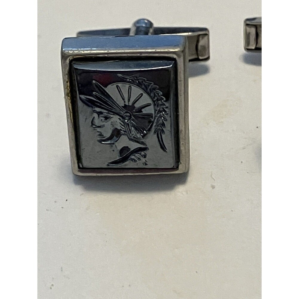 Pioneer Cufflinks warrior soldier Trojan Roman intaglio Vintage Silver Tone MCM
